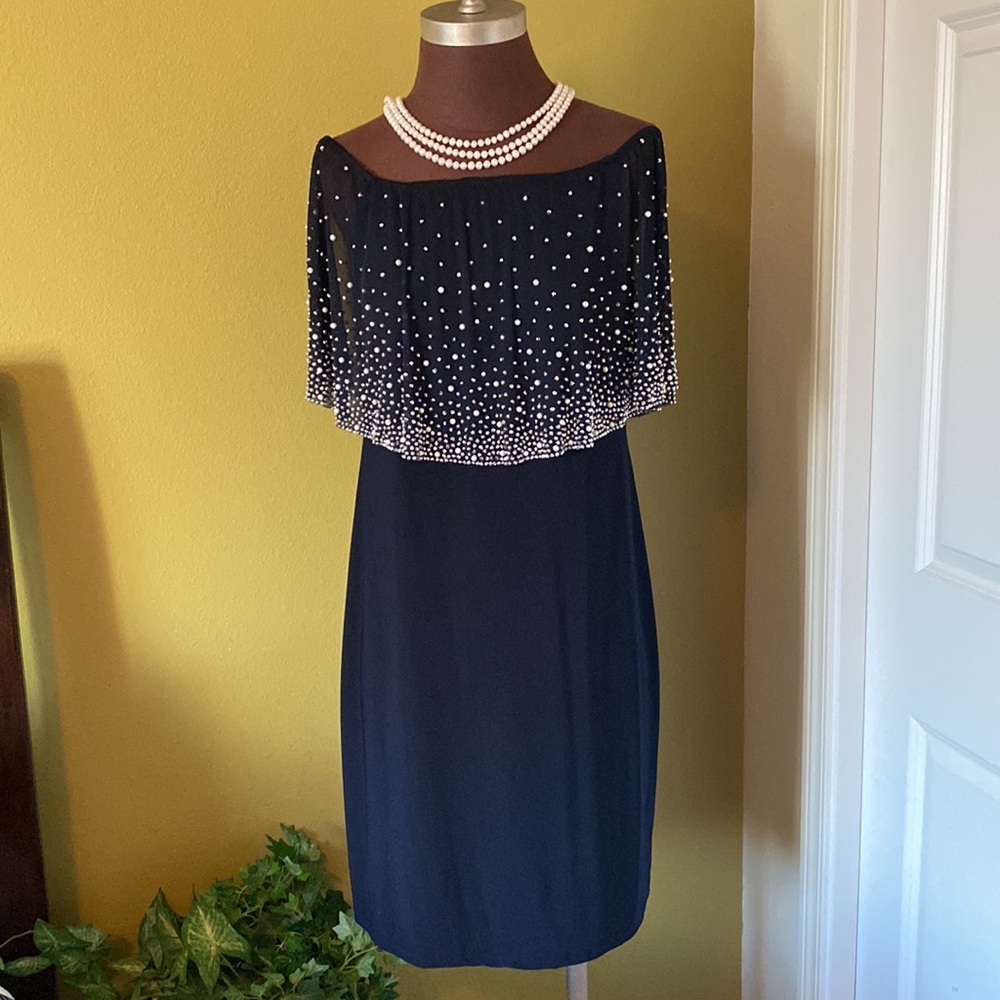 MSK small navy blue sequin and pearl drape collar dress